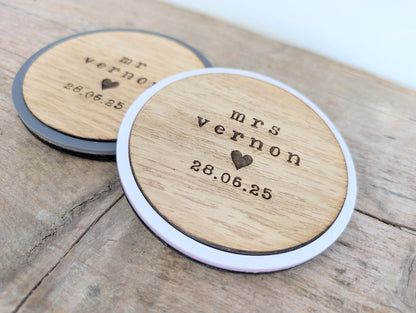 Personalised Mr & Mrs Wedding Coaster Set: Engraved Wood Keepsake
