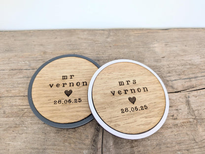 Personalised Mr & Mrs Wedding Coaster Set: Engraved Wood Keepsake