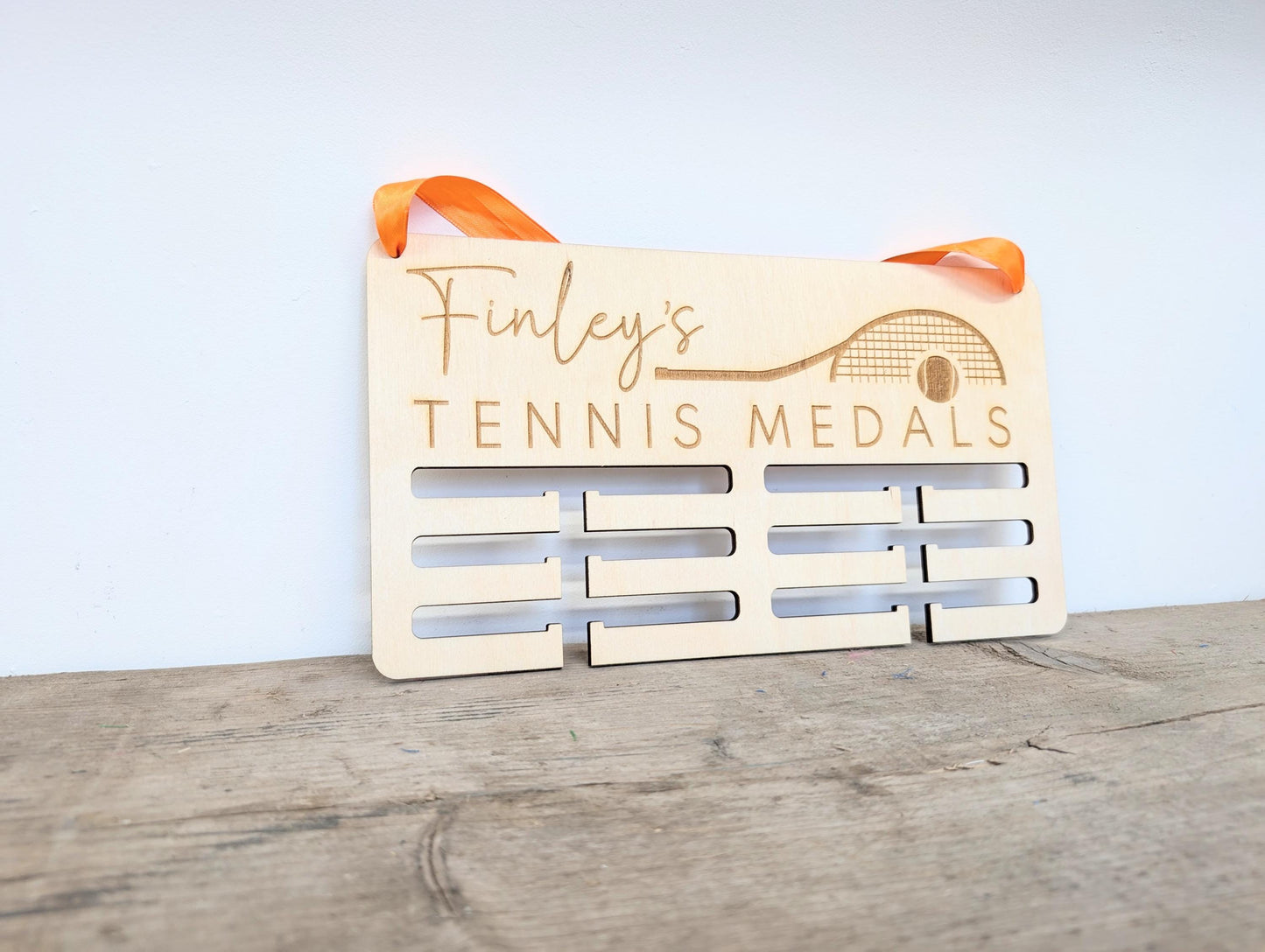 Personalised Tennis Medal Holder: Wood Wall Medal Display Hanger