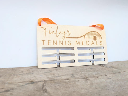 Personalised Tennis Medal Holder: Wood Wall Medal Display Hanger