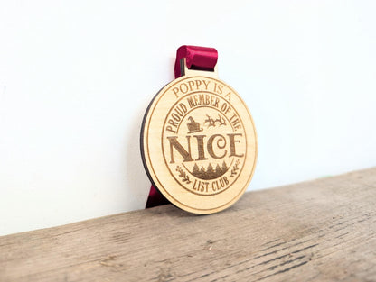 Personalised Santa's nice list medal. Custom wooden Santa's nice list medal with any name. Christmas Eve box. Santa's nice list keepsake.