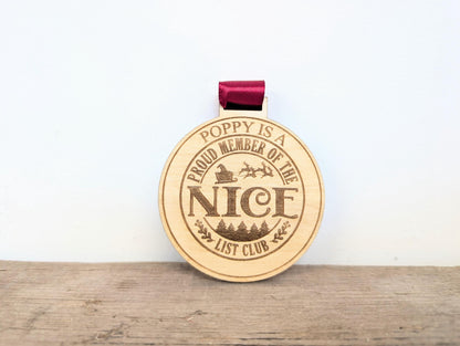 Personalised Santa's nice list medal. Custom wooden Santa's nice list medal with any name. Christmas Eve box. Santa's nice list keepsake.