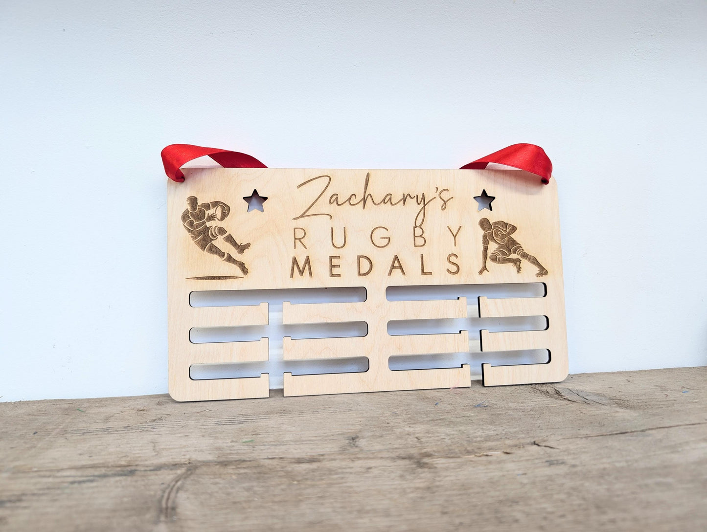 Personalised Rugby Medal Holder: Wood Wall Medal Display Hanger for Rugby