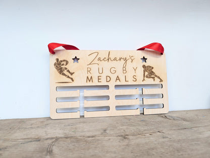 Personalised Rugby Medal Holder: Wood Wall Medal Display Hanger for Rugby