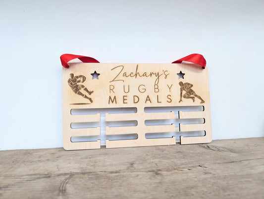 Personalised Rugby Medal Holder: Wood Wall Medal Display Hanger for Rugby