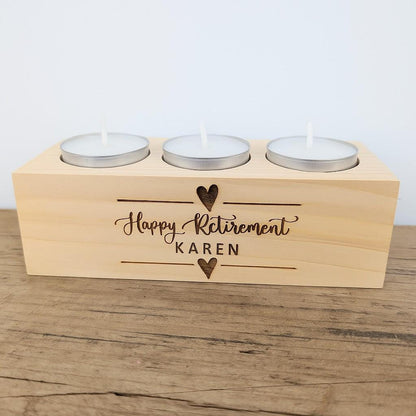 Personalised tea light holder - Wooden tea light holder with any text. Gift for new home, birthday, Christmas or retirement.