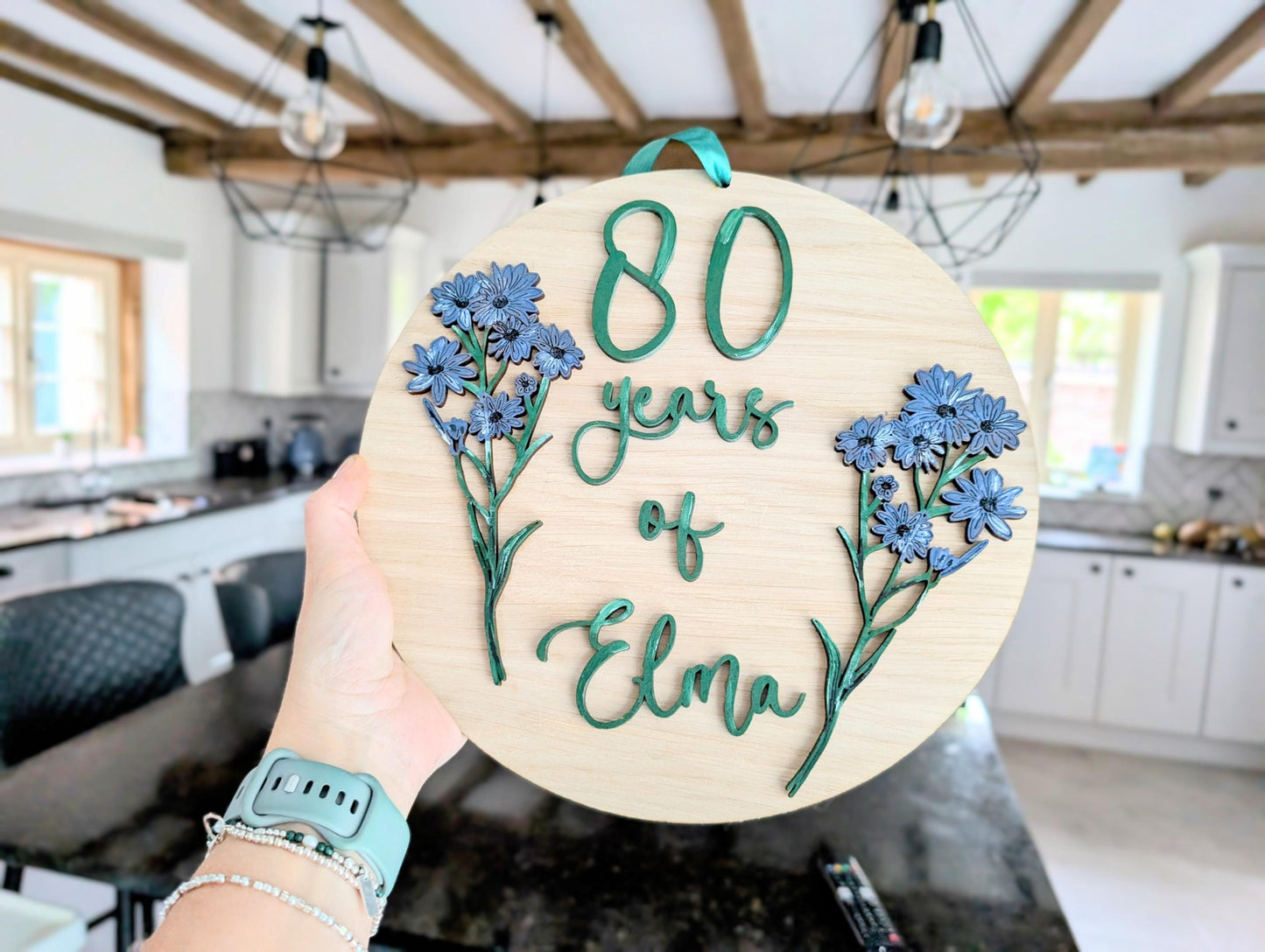 Personalized 80th Birthday Wooden Wall Hanging with Birth Flowers