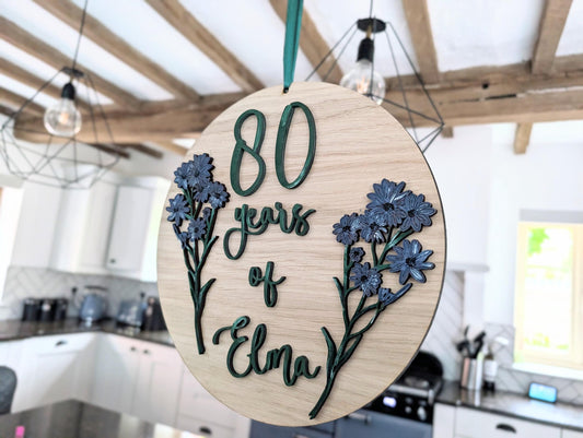 Personalized 80th Birthday Wooden Wall Hanging with Birth Flowers