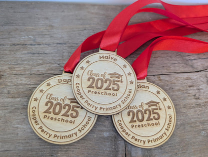 Personalised preschool graduation wooden medals. Wooden custom nursery graduation medals that can include any wording and name.