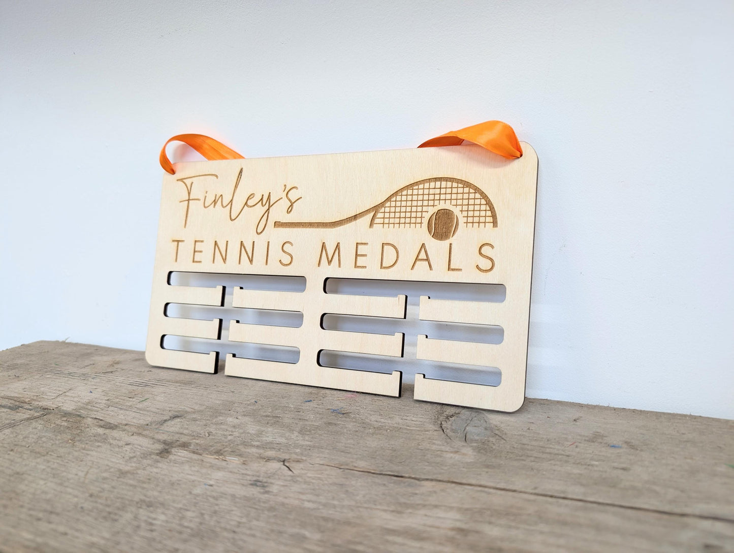 Personalised Tennis Medal Holder: Wood Wall Medal Display Hanger