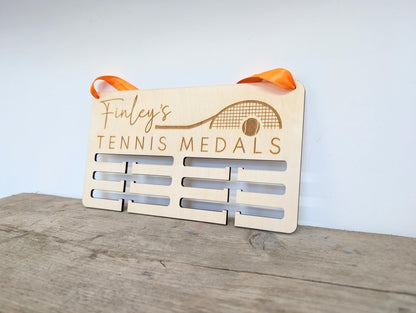 Personalised Tennis Medal Holder: Wood Wall Medal Display Hanger