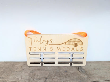 Personalised Tennis Medal Holder: Wood Wall Medal Display Hanger