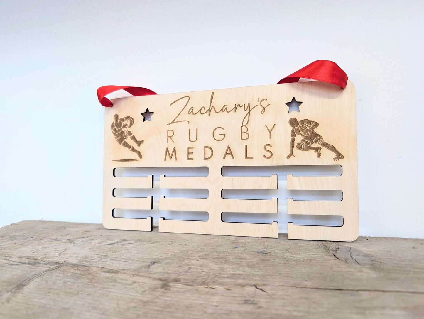 Personalised Rugby Medal Holder: Wood Wall Medal Display Hanger for Rugby