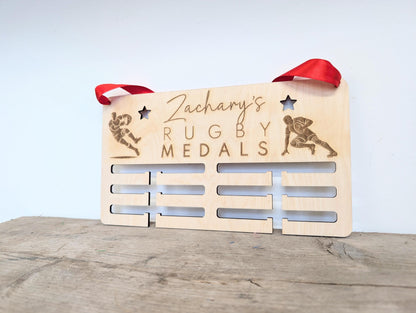 Personalised Rugby Medal Holder: Wood Wall Medal Display Hanger for Rugby