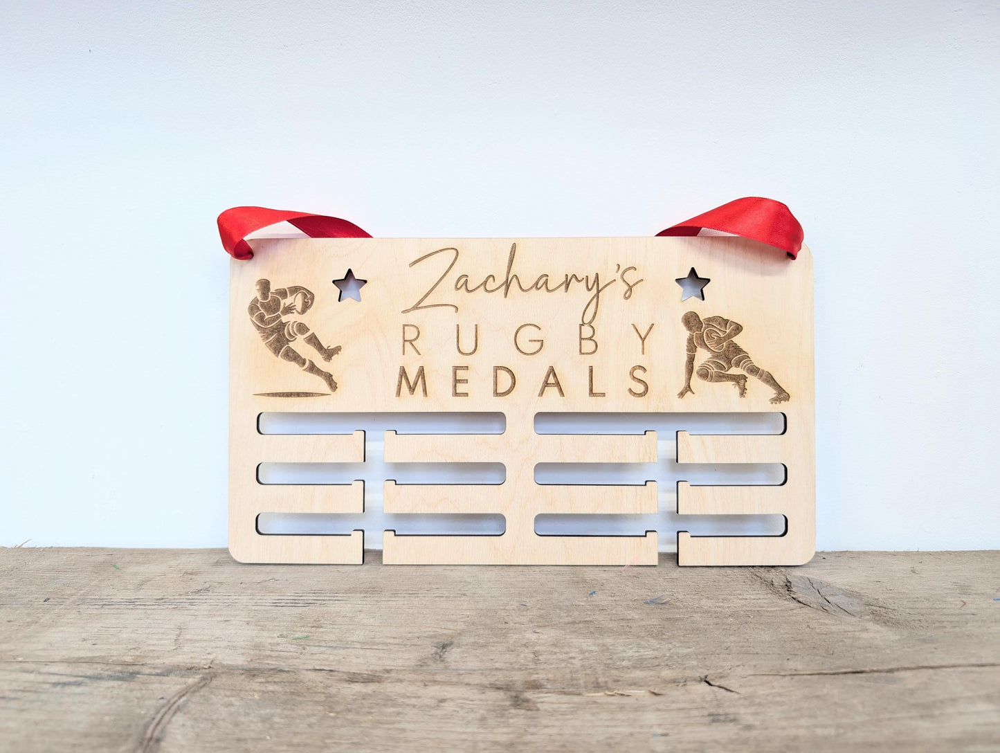 Personalised Rugby Medal Holder: Wood Wall Medal Display Hanger for Rugby