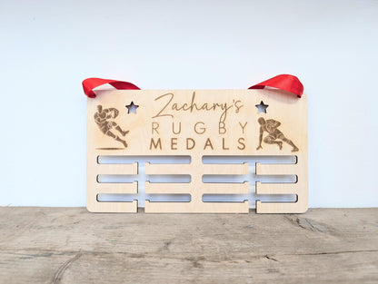 Personalised Rugby Medal Holder: Wood Wall Medal Display Hanger for Rugby