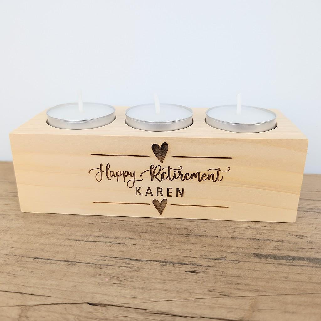 Personalised tea light holder - Wooden tea light holder with any text. Gift for new home, birthday, Christmas or retirement.