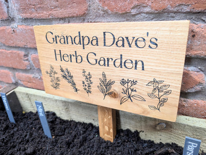 Personalised Oak Herb Garden Sign with Stake