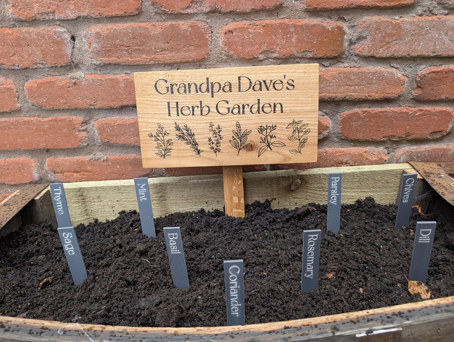 Personalised Oak Herb Garden Sign with Stake