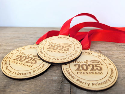 Personalised preschool graduation wooden medals. Wooden custom nursery graduation medals that can include any wording and name.