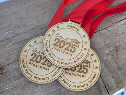 Personalised preschool graduation wooden medals. Wooden custom nursery graduation medals that can include any wording and name.