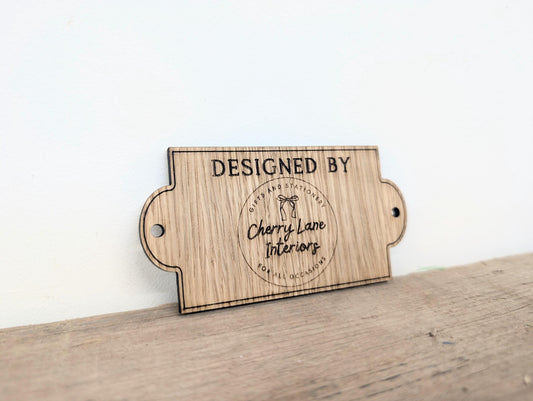 Personalised designed by wooden label available in a range of sizes. Wooden logo tag. Button tag for crafter.