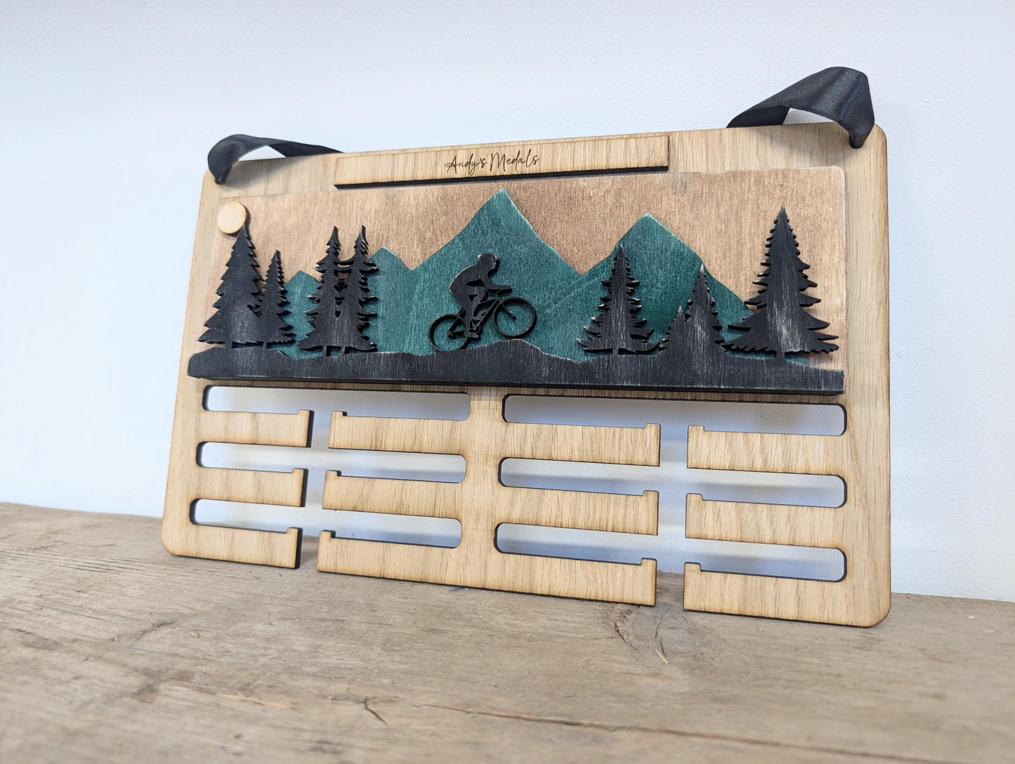 Personalised Medal Holder for Cycling Wooden : Wooden Biking Mountain Forest Scene Display