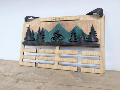 Personalised Medal Holder for Cycling Wooden : Wooden Biking Mountain Forest Scene Display