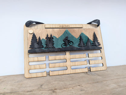Personalised Medal Holder for Cycling Wooden : Wooden Biking Mountain Forest Scene Display