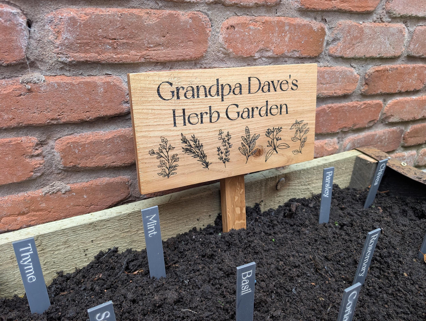 Personalised Oak Herb Garden Sign with Stake