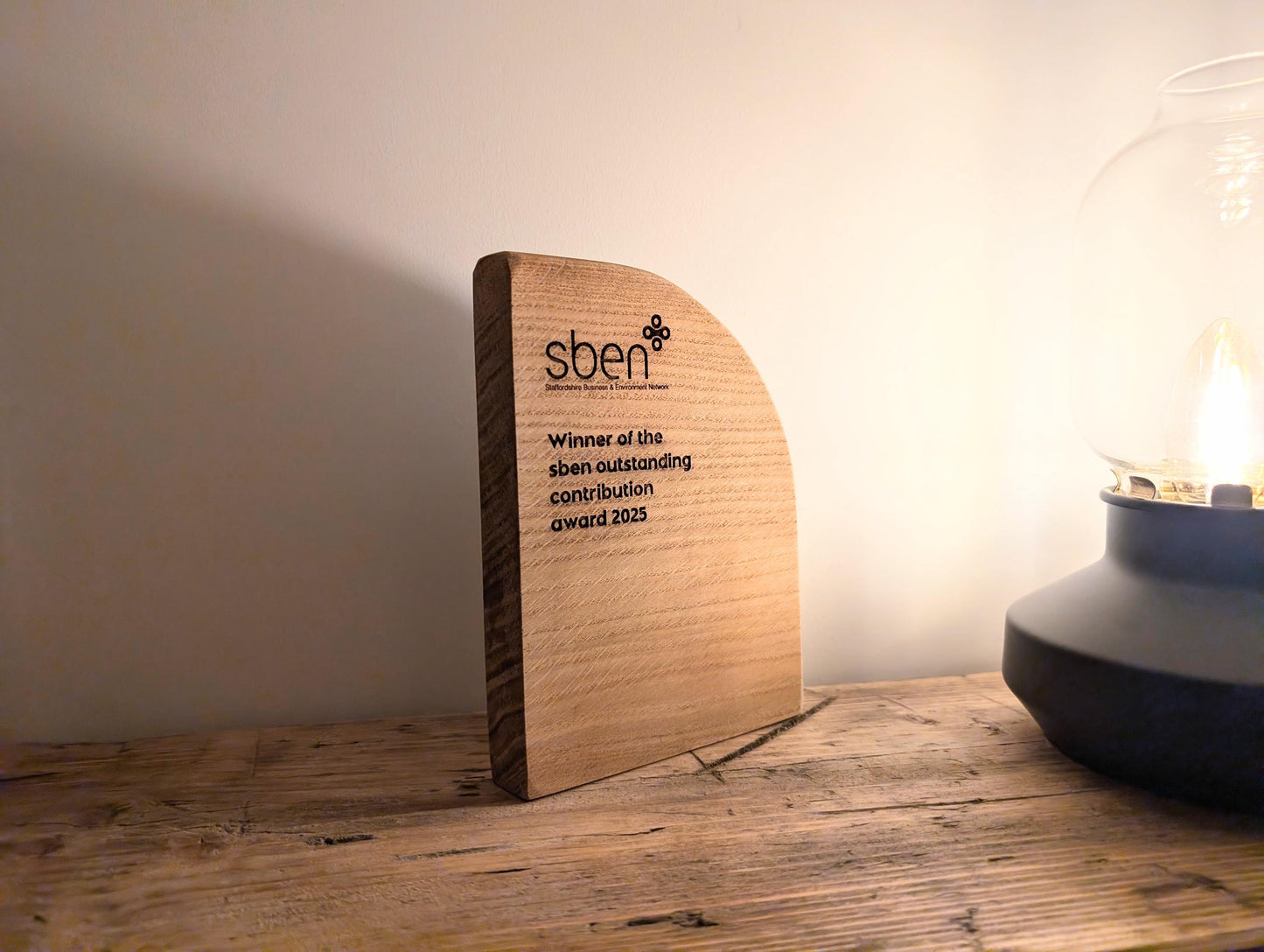 Engraved Wooden Trophy. Unique Eco Friendly Award Plaque Crafted from Reclaimed Solid Oak.