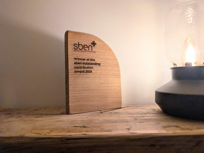 Engraved Wooden Trophy. Unique Eco Friendly Award Plaque Crafted from Reclaimed Solid Oak.