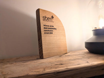 Engraved Wooden Trophy. Unique Eco Friendly Award Plaque Crafted from Reclaimed Solid Oak.