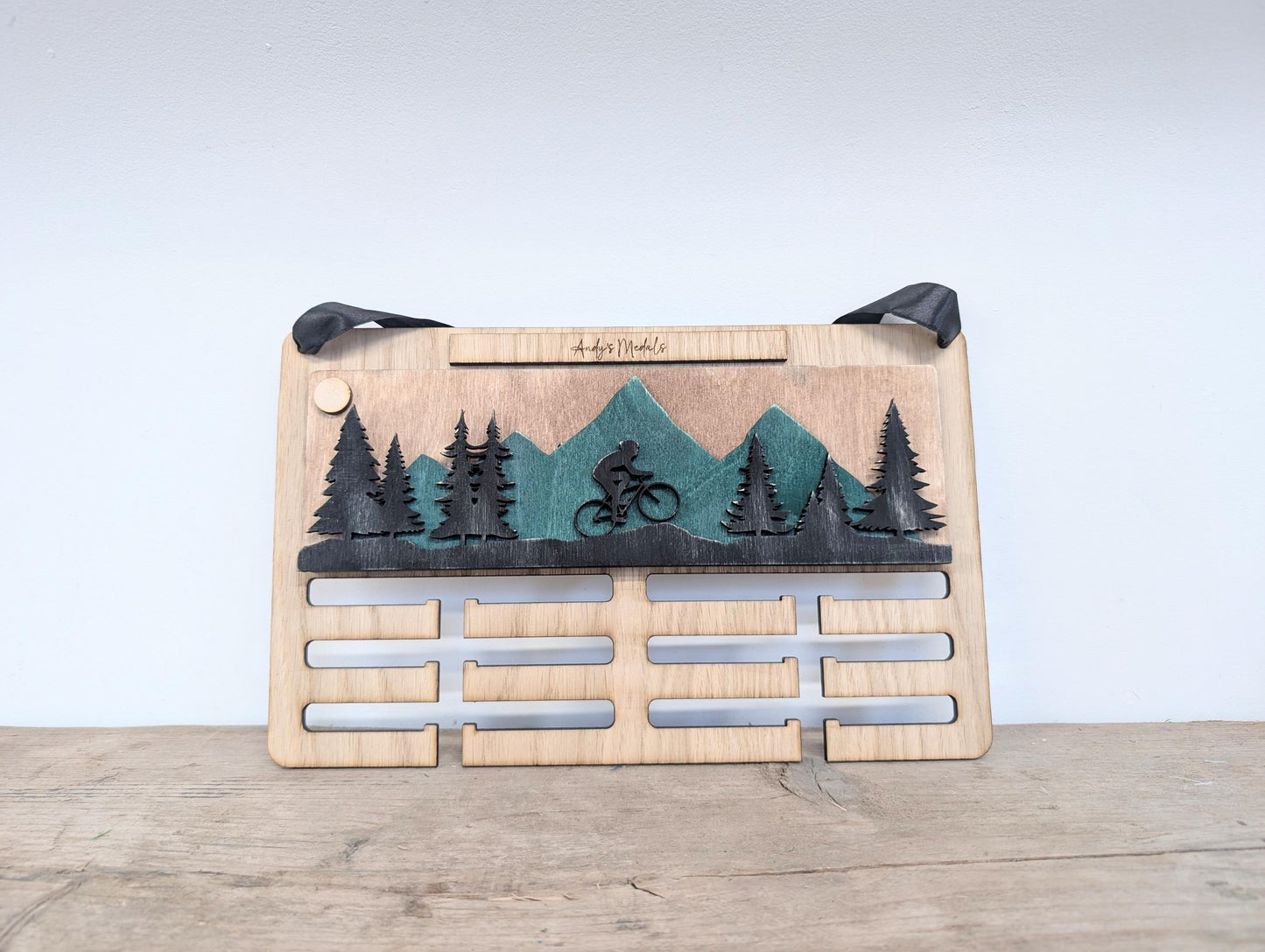 Personalised Medal Holder for Cycling Wooden : Wooden Biking Mountain Forest Scene Display