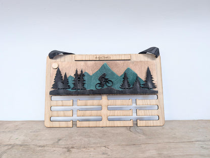 Personalised Medal Holder for Cycling Wooden : Wooden Biking Mountain Forest Scene Display